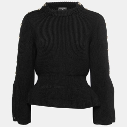 Chanel Black Knit Button Embellished Peplum Sweater M Chanel