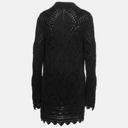 Pre Owned Chanel Black Crochet Knit Collared Cardigan L