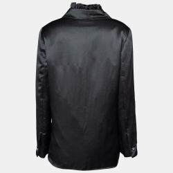 مملوكة مسبقًا Chanel Black Satin Ruffle Neck Button Front Shirt L