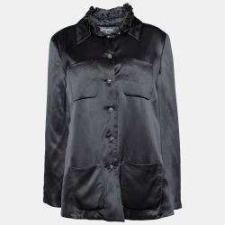 مملوكة مسبقًا Chanel Black Satin Ruffle Neck Button Front Shirt L