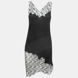 Pre Owned Chanel Monochrome Textured Knit & Woven Inset Sleeveless Jacket Dress Set S