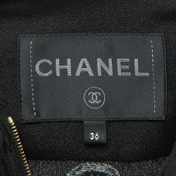 Pre Owned Chanel Black Patterned Silk Zip Front Neck Tie Blouse S