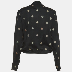 Pre Owned Chanel Black Patterned Silk Zip Front Neck Tie Blouse S