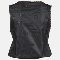مملوكة مسبقًا Chanel Black Logo Embroidered Silk Chain Embellished Top S