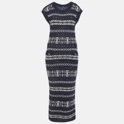 مملوكة مسبقًا Chanel Navy Blue Logo Intarsia Knit Maxi Dress M  