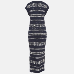 مملوكة مسبقًا Chanel Navy Blue Logo Intarsia Knit Maxi Dress M  