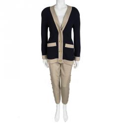 Chanel Navy Blue and Beige Wool Pant Suit S