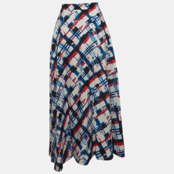 Pre Owned Chanel White Printed Silk Zip Front Maxi Skirt L