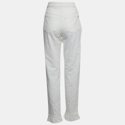 Pre Owned Chanel White Denim Ruffled Hem High Rise Jeans S Waist 27"