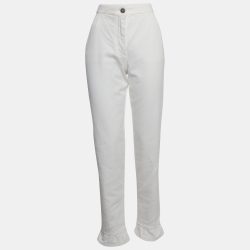 Pre Owned Chanel White Denim Ruffled Hem High Rise Jeans S Waist 27"