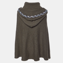 Pre Owned Chanel Green Cashmere Knit Detachable Hood Poncho Sweater M