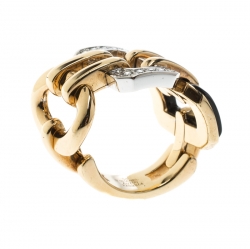 Chanel Première Diamond Onyx & 18K Yellow Gold Chain Link Ring Size 54