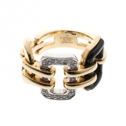 Chanel Première Diamond Onyx & 18K Yellow Gold Chain Link Ring Size 54