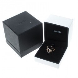 Chanel Première Diamond Onyx & 18K Yellow Gold Chain Link Ring Size 54