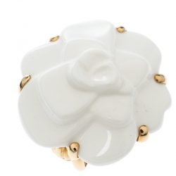 Chanel Camelia White Agate Flower 18K Yellow Gold Ring Size 51