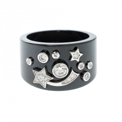 Chanel Cosmique de Chanel Diamond 18k White Gold Ceramic Band Ring Size 50