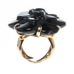 Chanel Camelia Carved Onyx 18K Yellow Flower Cocktail Gold Ring Size 50