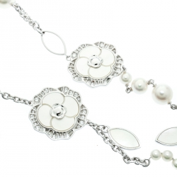 Chanel Pétales de Camélia Cultured Pearl Mother of Pearl & Diamond 18k White Gold Long Necklace
