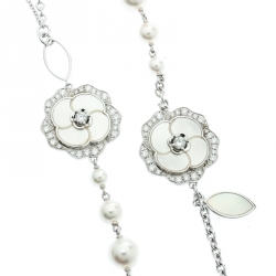 Chanel Pétales de Camélia Cultured Pearl Mother of Pearl & Diamond 18k White Gold Long Necklace