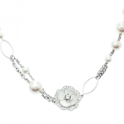 Chanel Pétales de Camélia Cultured Pearl Mother of Pearl & Diamond 18k White Gold Long Necklace