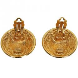 Pre Owned Chanel Vintage 1990 collection Gold Tone Domed Shield Clip-On Earrings