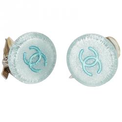CHANEL Earrings Plastic Plating Blue Silver Used Accessory CC COCO Women