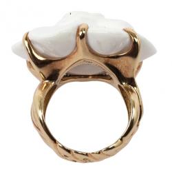 Chanel Camelia White Agate Flower 18K Yellow Gold Ring Size 54