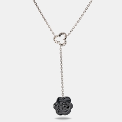 Chanel Camelia Sculpte Diamond Onyx 18k White Gold Necklace