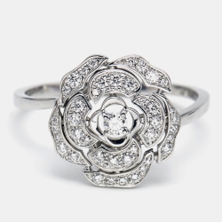 Pre Owned Chanel Bouton de Camélia Diamond Flower 18K White Gold Ring Size 59