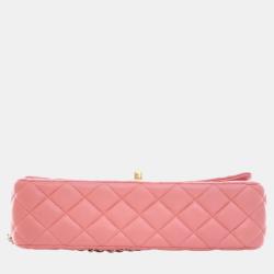 Pre Owned Chanel Peach Lambskin Leather Medium Classic Single Flap Valentine Charm Shoulder Bag