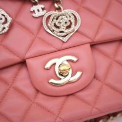 Pre Owned Chanel Peach Lambskin Leather Medium Classic Single Flap Valentine Charm Shoulder Bag