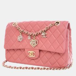 Pre Owned Chanel Peach Lambskin Leather Medium Classic Single Flap Valentine Charm Shoulder Bag