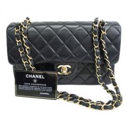 Pre Owned Chanel Black Lambskin Small Double Flap Shoulder Bag