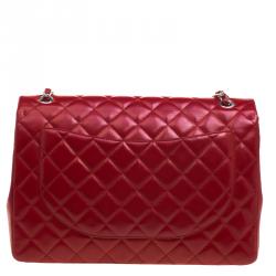 Pre Owned Chanel Red Quilted Leather Maxi Classic Single Flap Bag