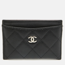 Pre Owned Chanel Black Quilted Caviar Leather CC Card Holder