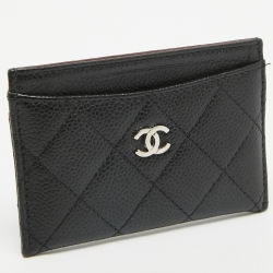 Pre Owned Chanel Black Quilted Caviar Leather CC Card Holder