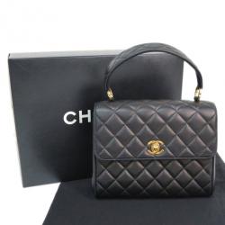 Pre Owned Chanel Black Lambskin Top Handle Flap Bag