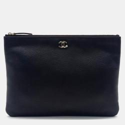 Pre Owned Chanel Black Leather Lucky Flower Clutch Bag