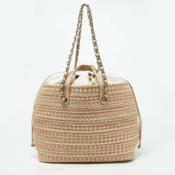 Pre Owned Chanel Beige Woven Straw and Leather Shopping Tote
