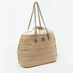 Pre Owned Chanel Beige Woven Straw and Leather Shopping Tote