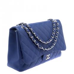Pre Owned حقيبة شانيل قلاب مفرد كلاسيك ماكسي جلد كافيار مبطنة زرقاء