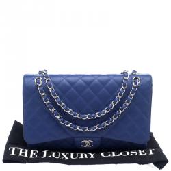 Pre Owned حقيبة شانيل قلاب مفرد كلاسيك ماكسي جلد كافيار مبطنة زرقاء