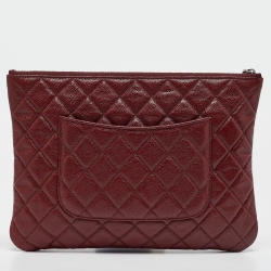 Pre Owned Chanel Red Quilted Caviar Leather Medium O-Case Zip Pouch