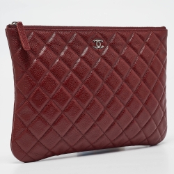 Pre Owned Chanel Red Quilted Caviar Leather Medium O-Case Zip Pouch