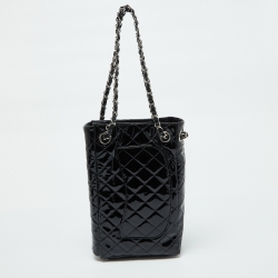 Pre Owned Chanel Black Quilted Patent Leather Sideways Flap Shoulder Bag