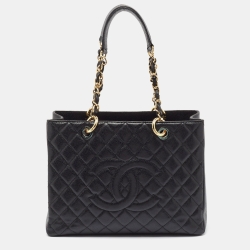 Pre Owned Chanel Black Quilted Caviar Leather Grand Shopping Tote