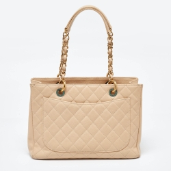 Pre Owned Chanel Beige Quilted Caviar Leather GST Shopper Tote