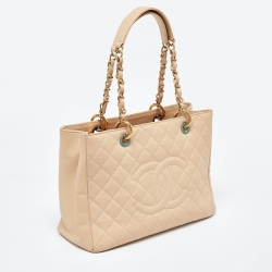 Pre Owned Chanel Beige Quilted Caviar Leather GST Shopper Tote
