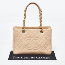 Pre Owned Chanel Beige Quilted Caviar Leather GST Shopper Tote