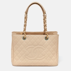 Pre Owned Chanel Beige Quilted Caviar Leather GST Shopper Tote